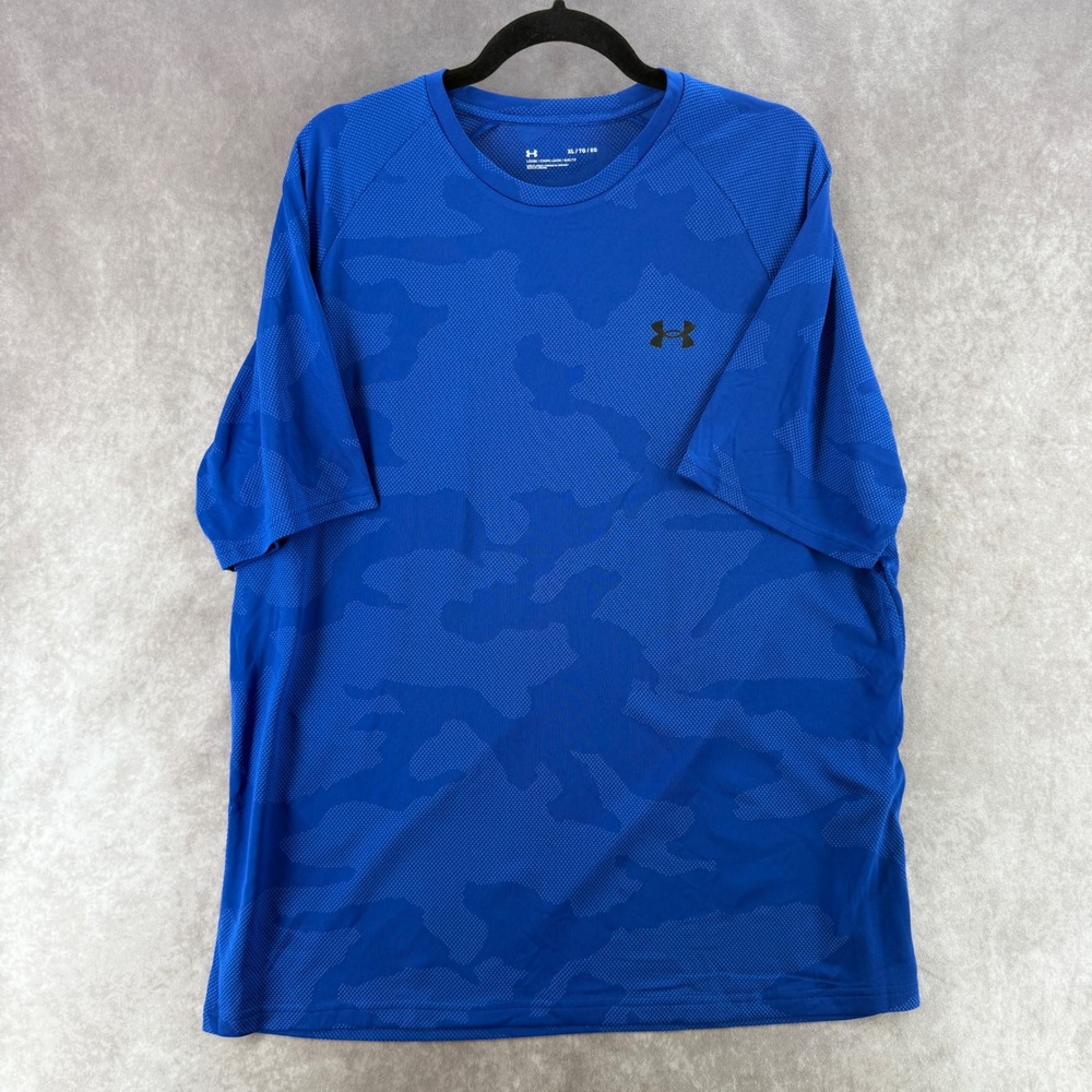 Under Armour Mens Blue Camo Short Sleeve Athletic T-Shirt Loose Fit XL Techwear